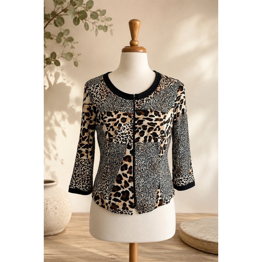 Frank Lyman Canada Animal Print Patchwork Stretch Zip Jacket Top Sz 14 Mobwife